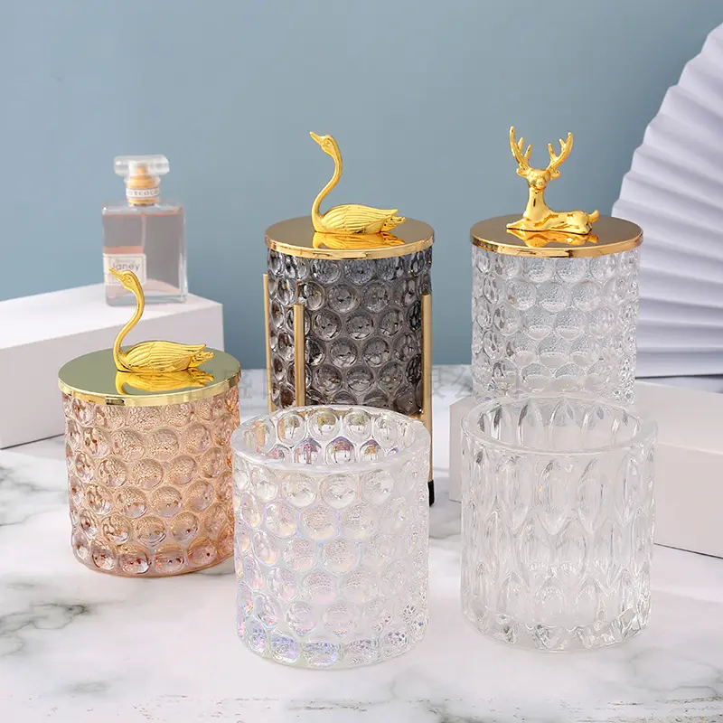 Nordic Luxury Copper Deer Glass Crystal Candle Jar With Metal Elk Lid Storage Jar Home Decoration Accessories