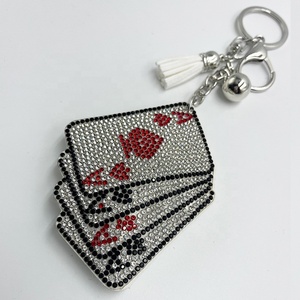 Sparkling Crystal Poker Keychain Fashion Rhinestone Diamonds Leather Tassel Keychain Bling Playing Card Pendant <b>Bag</b> <b>Charm</b> - Product Image 4