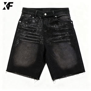 شورت جينز رجالي أصلي من XUFEI بتصميم مخصص للملابس الشبابية، حواف خام، 100% قطن، مزين بالكريستال والأحجار اللامعة، معالج بالغسيل الحمضي - Product Image 3