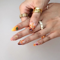 Ongles en acrylique à presser, motif Île Tropicale Orange Coucher de Soleil, fleurs 3D, coquillages, palmiers, chaîne dorée, longueur moyenne, 10 pièces
