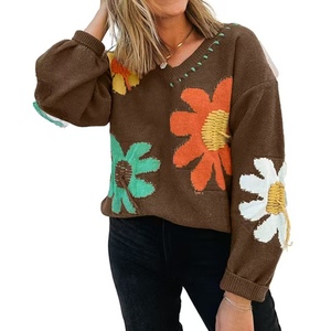 Pulls pour femmes de haute qualité motif de grandes fleurs pull à col en V mode à manches longues chandails confortables pour femmes - Product Image 5