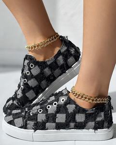 2024 en Stock personalidad moda lona Vamp tacón plano señoras <span class=keywords><strong>zapatillas</strong></span> patrón de <span class=keywords><strong>rejilla</strong></span> zapatos casuales para mujeres - Product Image 6
