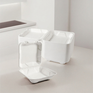 Conteneur alimentaire à charnière en pulpe de bagasse de canne à sucre compostable TOMATO 8x8x3 pouces, 3 compartiments, capacité 1100 ml, sans PFAS - Product Image 3