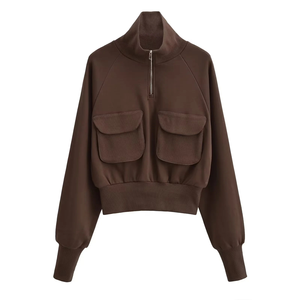 TKAN489D Sweat à capuche décontracté pour femme, coupe oversize, demi-zip, 100% coton épais, couleur unie, manches longues, double poche - Product Image 2