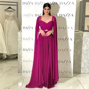 Jancember SCZ125 Arabic Fuchsia Chiffon Dubai Evening Dresses With Cape Sleeves Elegant Yellow Women Wedding Party Formal Gowns