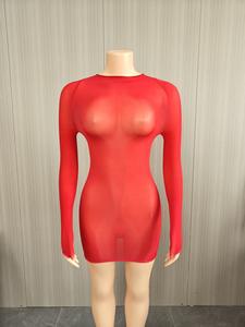 D1472-2026 Nuovo Prodotto Abito Mini Sexy Aderente Monocolore a Maniche Lunghe Elasticizzato Trasparente Lucido in Olio di Cavallo per Donna - Product Image 2