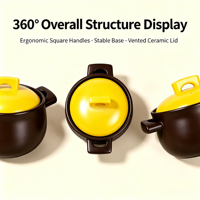Casserole en céramique marron 6L, style Taureau Rugissant Audacieux, écologique, antiadhésive, durable, avec couvercle jaune, qualité supérieure, non compatible induction
