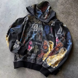 Sudadera con Capucha para <span class=keywords><strong>Hombre</strong></span>, Estilo Vintage, Lavada al Ácido, Talla Grande, Personalizada, 100% Algodón, con Cierre, Diseño Desgastado, Impresión DTG - Product Image 3