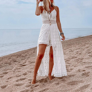 2025 verano Mujer encaje mono vestido sin mangas cuello en V ahueca hacia fuera Irregular Midi vestido Sexy elegante Casual vestidos bohemios - Product Image 3