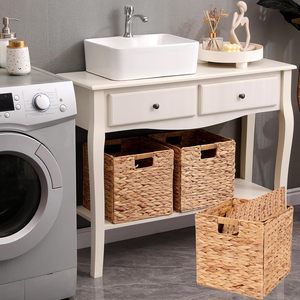 Cubos de almacenamiento de mimbre de jacinto de agua, estantes Organizadores de lavandería plegables rectangulares, cestas de almacenamiento de Metal para el hogar, cocina y jardín - Product Image 5