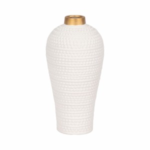 Vaso in ceramica testurizzata con bordo in metallo e accenti a punti in rilievo per l'arredamento del soggiorno. - Product Image 1
