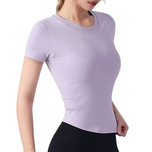 Women's Fitness T-Shirt Short Sleeve Crew Neck Ribbed With Built In Bra <b>Pad</b> For Yoga And <b>Running</b> - Product Image 5