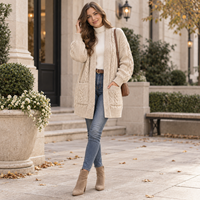 Cardigan en tricot torsadé sur mesure pour femme, coupe oversize, devant ouvert, long, en tricot épais avec poches OEM ODM