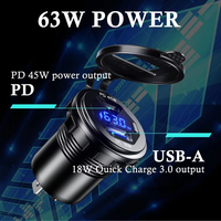 Cargador Rápido USB C de 45W, Cargador USB 3.0 de 18W, Enchufe Impermeable con Interruptor y Voltímetro LED para Coche, Barco, Motocicleta de 12V/24V
