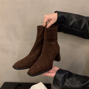Fashion Ladies Short Boots Pointed Toe Suede Chunky Mid Heels Side Zipper Women <b>Ankle</b> Boots - Product Image 2
