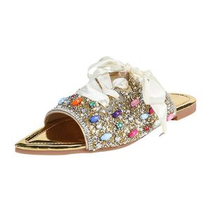 Sandales plates à talons plats ornées de strass, à bout ouvert, avec nœud décoratif, couleurs mélangées, tendance mode printemps-hiver-été, style sexy - Product Image 4