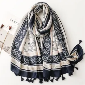 Bohemian High Quality Soft Cotton Viscose Printed Shawls Geometric Pattern Muslim Arabic Style Women Hijabs Cotton Tassels Scarf