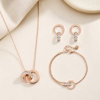Ensemble de bijoux pour femme en acier inoxydable 316L, 3 pièces : collier double anneau, boucles d'oreilles clous, bracelet jonc - Cadeau de mariage, usage quotidien