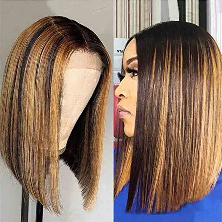 Highlight 1b Honey Brown Color Straight Bob Human Hair Wig, Short and Curly Human Hair Closure Lace Front Wigs
