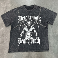 T-shirt Homme Personnalisé avec Logo, Tissu Épais Délavé à l'Acide, Décoration Chaîne Métallique, Imprimé Diable, Streetwear Gothique, Coupe Oversize, Manches Courtes