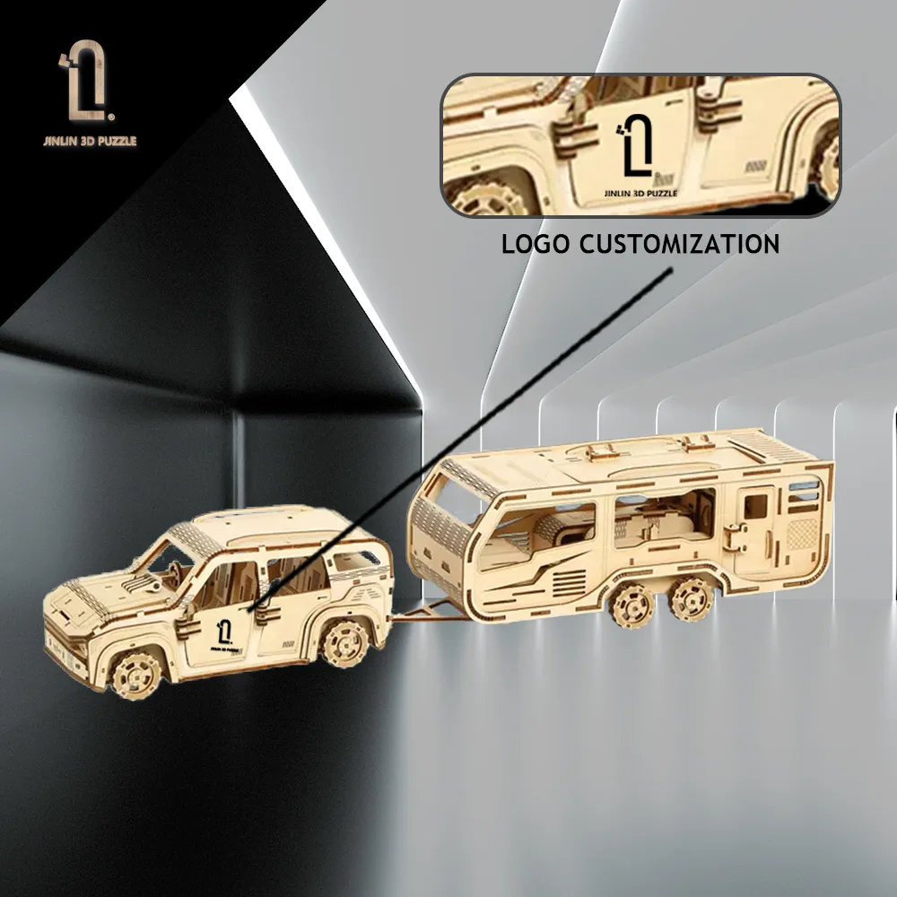 Ramah lingkungan 3d kayu puzzle hadiah mainan jigsaw puzzle 3d kayu RV trailer puzzle model kit