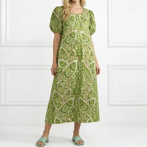 Vestido Midi Tejido para Mujer ALBBIA015 con Estampado de Hojas Tropicales, Cremalleras, Silueta en A Vibrante, Ideal para Vacaciones de Verano - Product Image 1