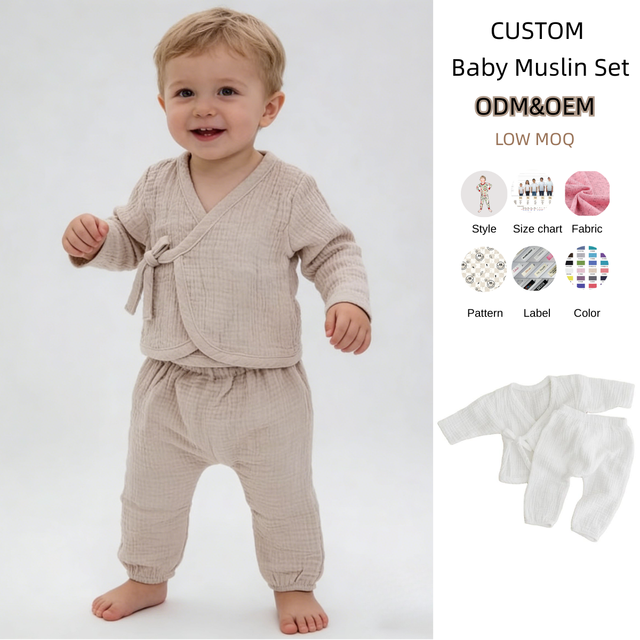 Custom Soft Muslin 100% Cotton Baby Clothes Newborn Outfit Simple Tie up Shirt and Long Pants Outfits