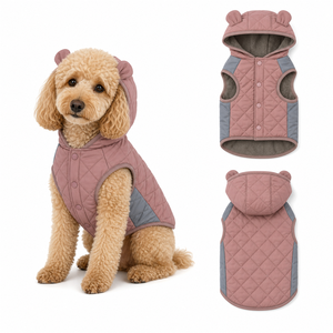 Chaleco acolchado con capucha de orejas de oso para perros, ropa para mascotas OEM, abrigo de invierno para mascotas con forro polar y botones a presión - Product Image 1