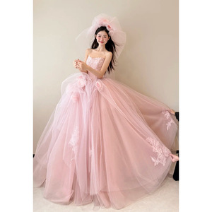 Pink Strapless Tulle Ball Gown Wedding Dress Empire Waistline Long Train Princess Style Fairy Light Dress - Product Image 1