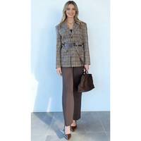 Ensemble de costume blazer à carreaux 2 pièces pour femmes |   Blazer à carreaux marron avec ceinture et pantalon marron taille haute pour le bureau