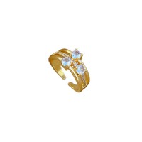 HY Zirkon Vierblättriges Kleeblatt Jubiläums-Trendringe 18K Vergoldeter Edelstahl Verstellbarer Offener Ring für Damen