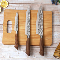 Ensemble de couteaux vintage en acier inoxydable éco-responsable finition martelée, 3 pièces, couteaux de chef et utilitaires avec manche en bois pour la cuisine à domicile