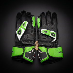 Guantes de Motociclismo de Cuero Verde de Alta Visibilidad con Protección Rígida en los Nudillos, Unisex, Dedos Completos - Product Image 4