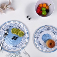 Ensemble de vaisselle en mélamine bleu et blanc de style océan ensemble d'assiettes et de bols durables vaisselle en mélamine pour les repas au restaurant