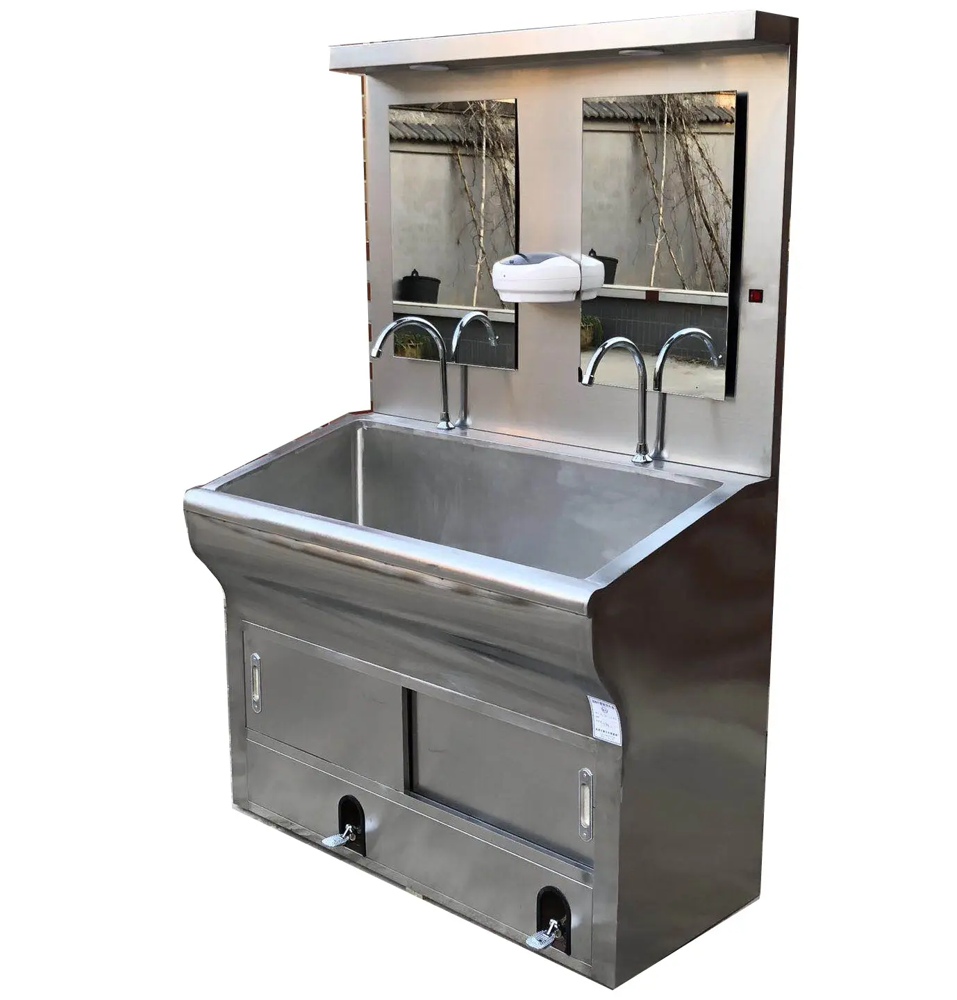 Ginee Medical hospital furniture 304 stainless steel school double stations surgical scrub hand sink with mirror for clinic