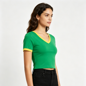 <span class=keywords><strong>T</strong></span>-<span class=keywords><strong>shirt</strong></span> court sexy personnalisé de haute qualité à <span class=keywords><strong>col</strong></span> en <span class=keywords><strong>V</strong></span>, <span class=keywords><strong>manches</strong></span> courtes contrastantes, coupe ajustée, style Ringer, pour <span class=keywords><strong>femme</strong></span>, uni - Product Image 2