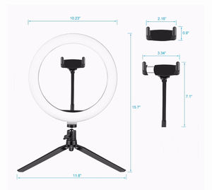 แหวนเติมแสงสำหรับเดสก์ท็อป LED <span class=keywords><strong>10</strong></span>นิ้วพร้อมขาตั้งสามขาและที่วางโทรศัพท์ไฟวงแหวนหรี่แสงได้แบบ USB สำหรับถ่ายทอดสด - Product Image 1