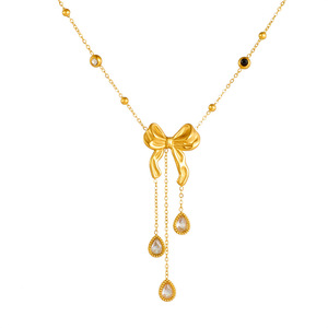 Bowknot Teardrop Tassel Pendant Necklace Gold Rhinestone Chain Jewelry Gift - Product Image 4