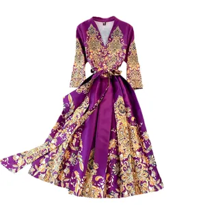 2023 Palace vintage printed long-sleeved dress fashion long dress skirt V-neck bubble sleeve lace-up long dress