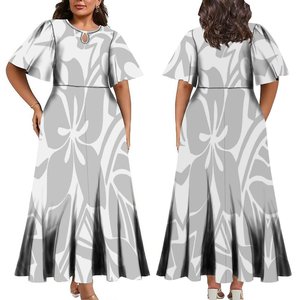 Abito Samoano da Donna Taglie Forti con Design Tribale Polinesiano Personalizzato, Maniche a Metà Lunghezza, Vestito Lungo Plissettato - Product Image 5