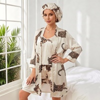 Robe kimono en satin à imprimé léopard blanc P674 avec camisole et short à volants, ensemble 4 pièces avec bonnet de nuit, vêtements de nuit pour femmes