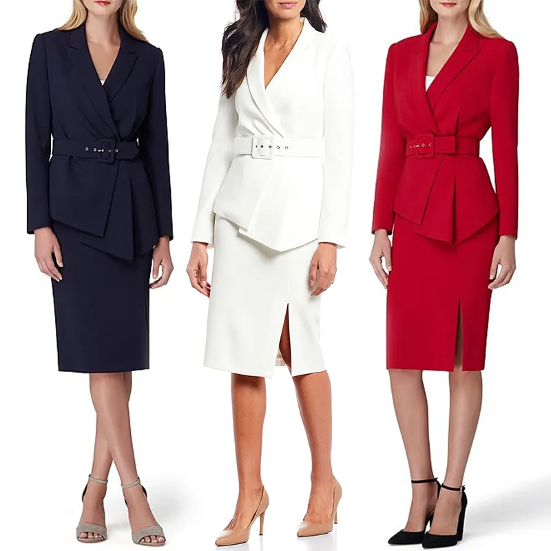Moda resmi iş elbisesi bayanlar kuşaklı ceket ve bölünmüş etek 2 adet beyaz kadın ofis Blazer takım elbise