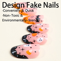 Faux ongles à presser pour Halloween, forme amande, couvrance totale, motifs fantôme, chauve-souris, toile d'araignée, rose, noir, orange