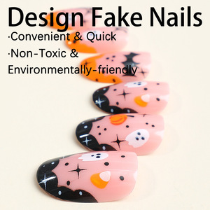 Uñas Postizas de Halloween con Diseño de Almendra, Cobertura Completa, en Rosa, Negro y Naranja, con Fantasmas, Murciélagos y Telarañas - Product Image 2