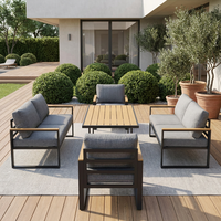 Ensemble de conversation moderne pour l'extérieur, 6 pièces, cadre en aluminium noir mat, accoudoirs en bois, table basse à lattes, lavable, gris foncé, pour jardin