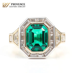 Bague de fiançailles de luxe en or jaune massif 10K 18K avec émeraude de laboratoire, design vintage, émeraude de laboratoire sertie en halo, bague de mariage pour homme - Product Image 1