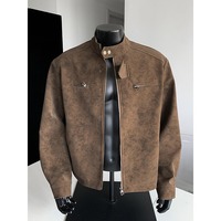 Blouson en cuir PU style streetwear américain pour homme, col montant, coupe ample, fermeture éclair frontale, coupe-vent, vêtement d'extérieur printemps