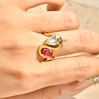 Bague double goutte d'eau géométrique incurvée en zircon, bijoux étanches en acier inoxydable pour femmes, vente en gros