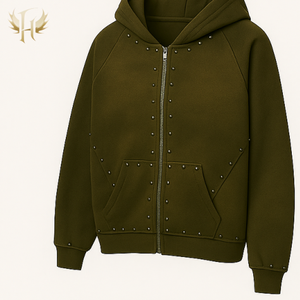 Sweat à capuche personnalisé lourd 480 g/m² vierge uni lavé à l'acide délavé au soleil avec rivets en métal et strass zippé pour hommes - Product Image 6