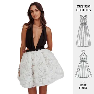 Custom Chiffon Fashion Elegant Sexy Halter Backless V-Neck Tie White Floral Lace Formal Dinner Women's Mini Dresses